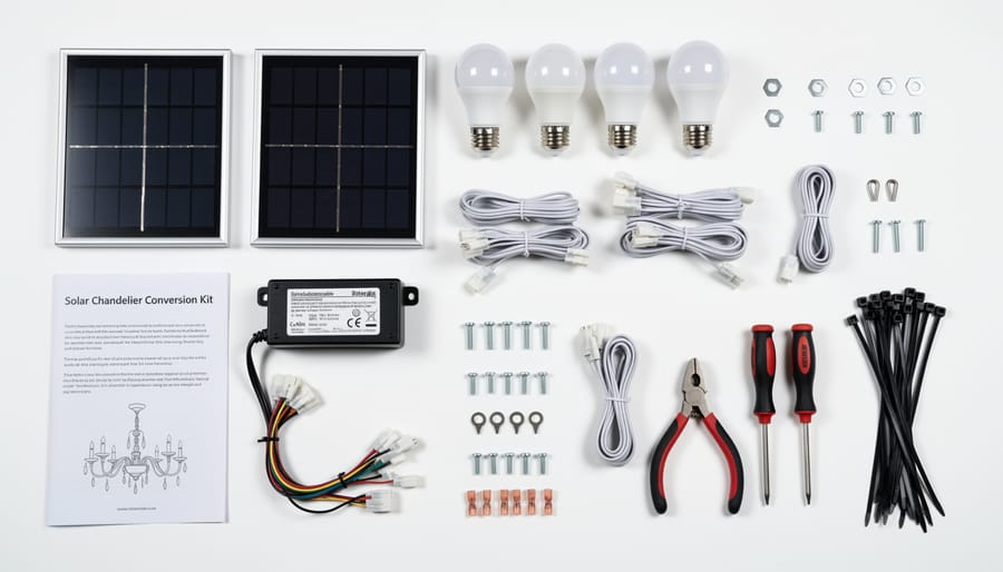 Overhead view of solar chandelier conversion materials and tools on workbench