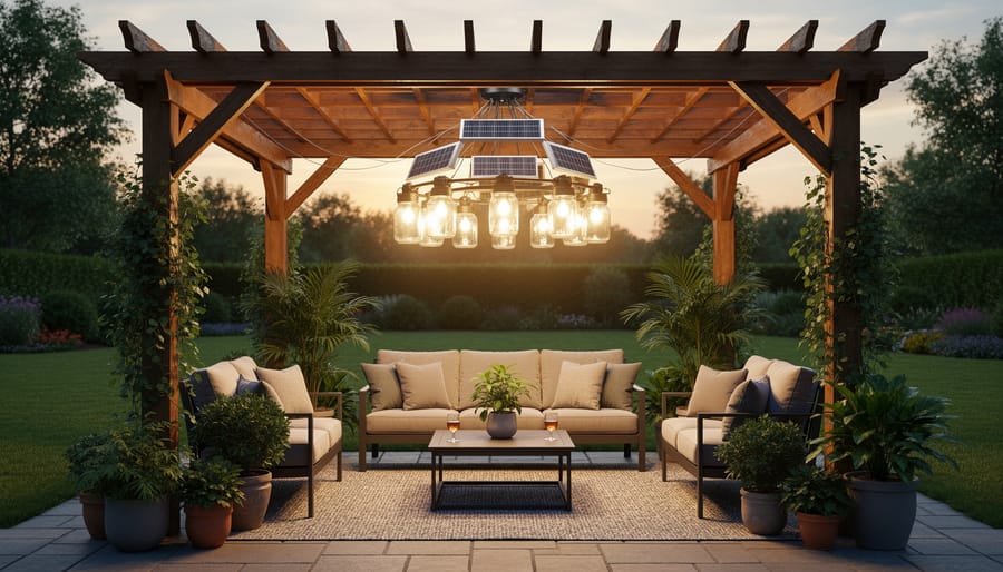 Vintage crystal chandelier converted to solar power hanging in outdoor patio setting