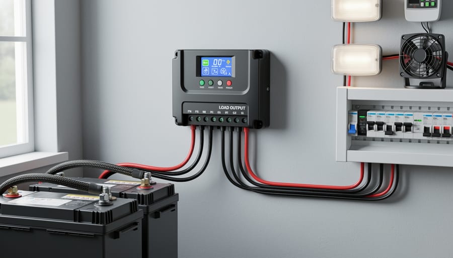 Solar charge controller with load output terminals and connected wires