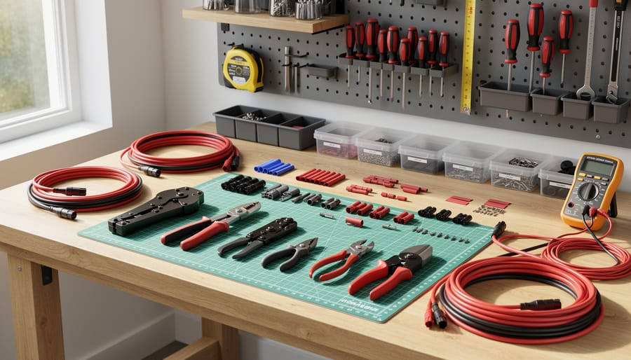 Organized workbench displaying wire crimper, strippers, terminals, and solar equipment