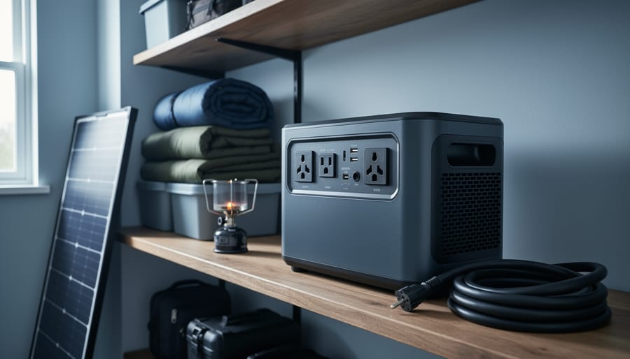 Unbranded portable solar generator on a wooden shelf with unplugged, coiled charging cable in a tidy utility room, lit by soft side daylight with warm and cool tones; blurred background includes organized camping gear and a folded solar panel.