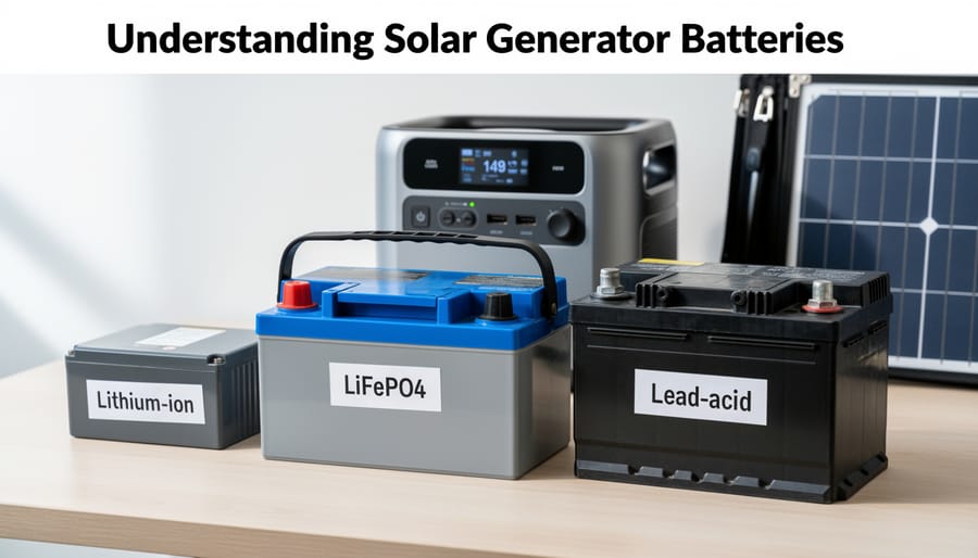 Three types of solar generator batteries displayed side by side showing lithium-ion, LiFePO4, and lead-acid options