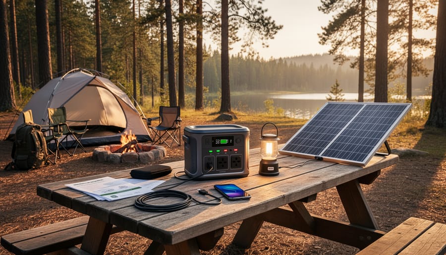 Solar generator in use at campsite during evening hours powering lights and electronic devices