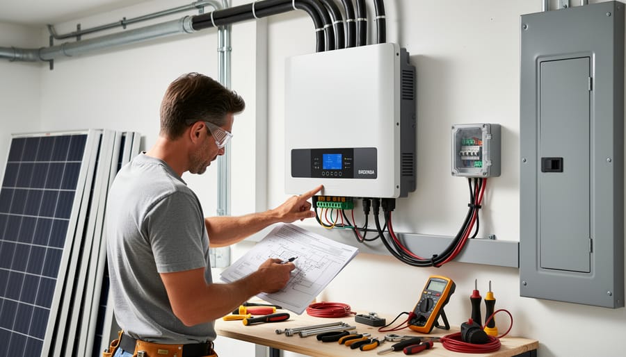 Close-up of solar inverter unit with cables and connection ports being handled
