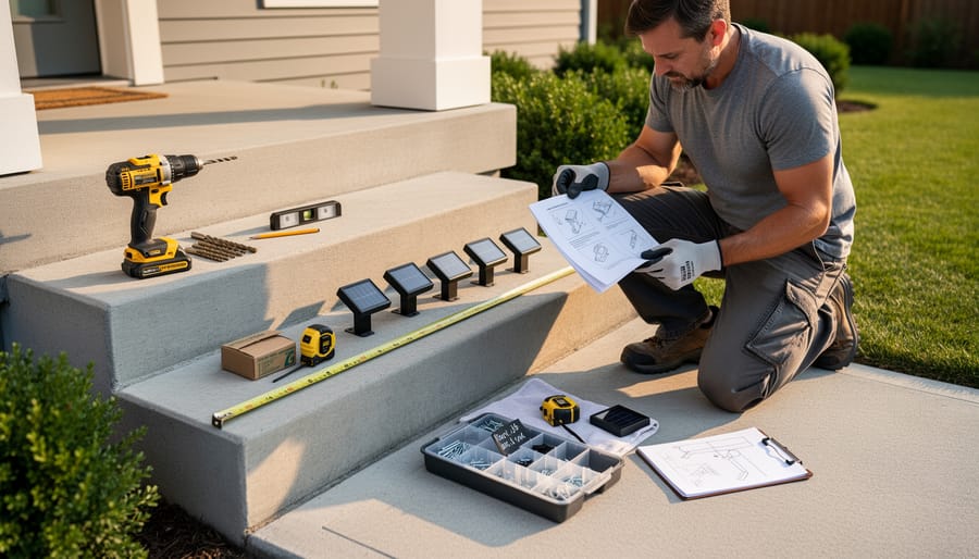 Tools and materials laid out for solar step light installation including drill and fixtures