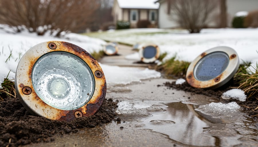 Close-up of failed solar inground light showing water damage and corrosion