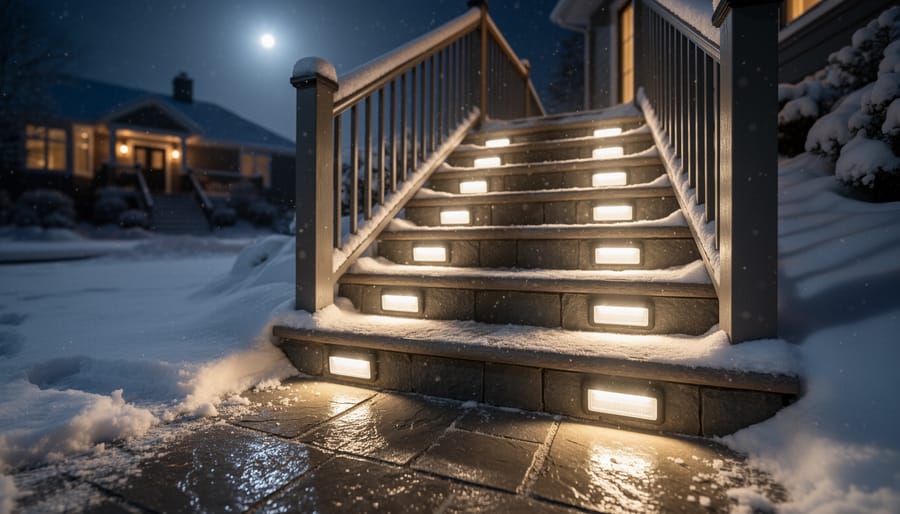 Solar-lit concrete steps covered in snow continuing to illuminate during winter