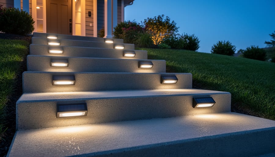 Concrete outdoor steps illuminated by warm solar lights at dusk