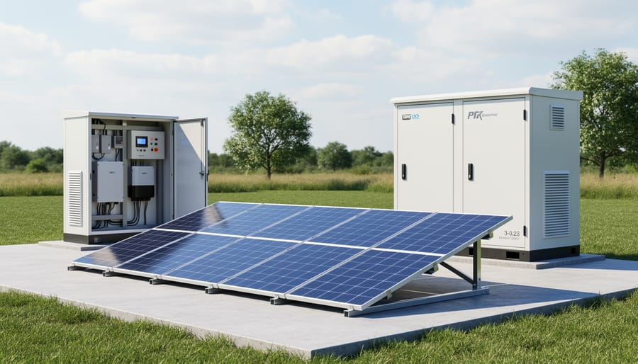 Complete solar microgrid installation with panels, battery bank, and inverter in residential backyard