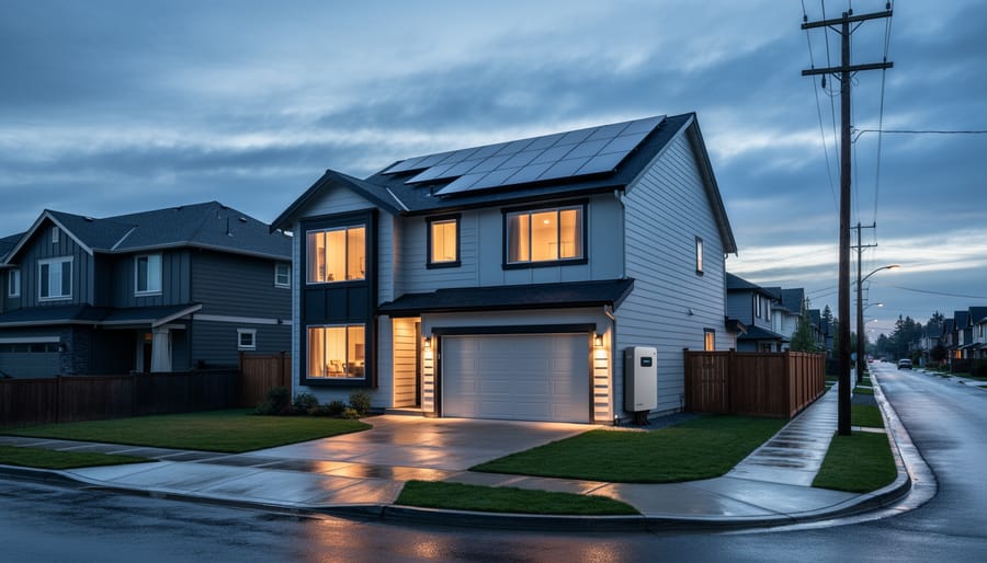 Modern house with rooftop solar panels and an exterior battery cabinet glowing at blue hour after a storm, while nearby houses are dim and utility poles fade into the background