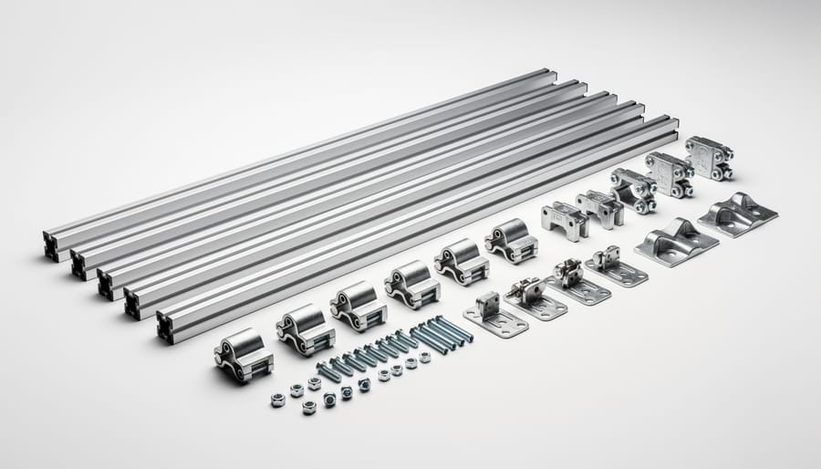 Solar panel mounting system components including aluminum rails, clamps and brackets on workbench