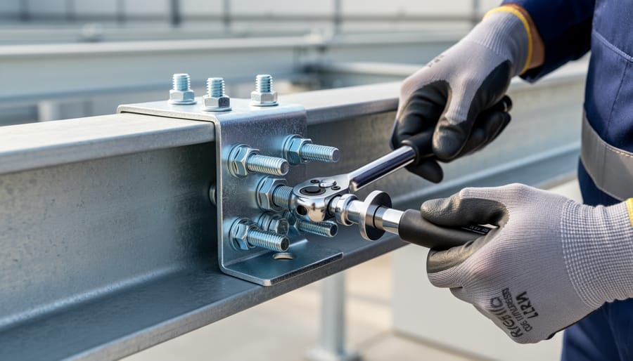 Ground-mounted solar panel array on metal frame foundations in open field