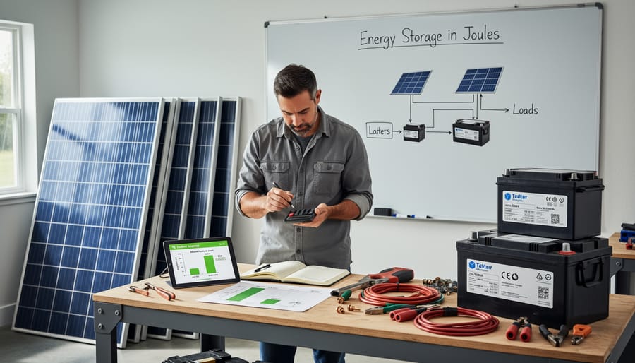 Solar panel connected to battery pack on camping table with forest background