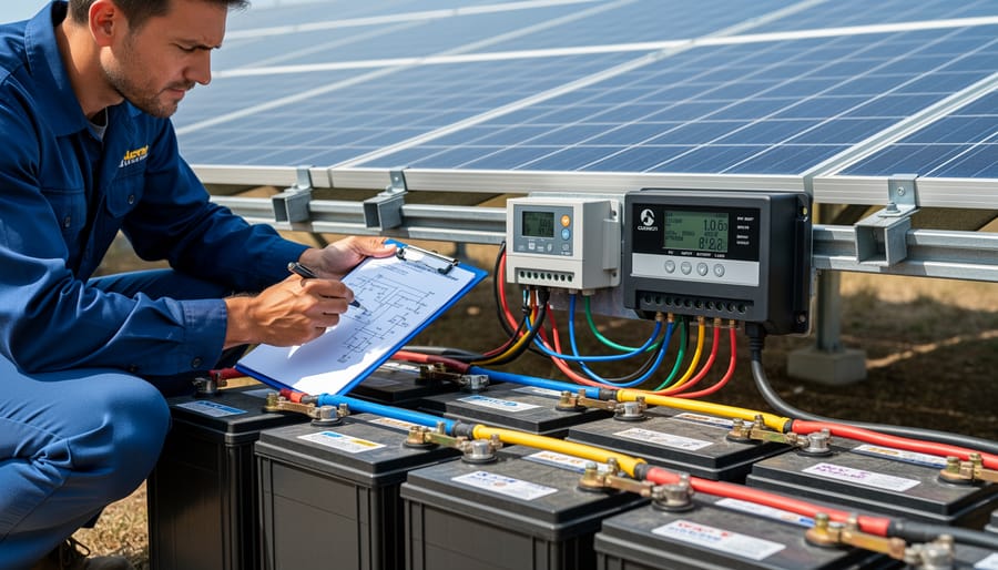 Solar panels on rooftop with visible electrical wiring and charge controller connections