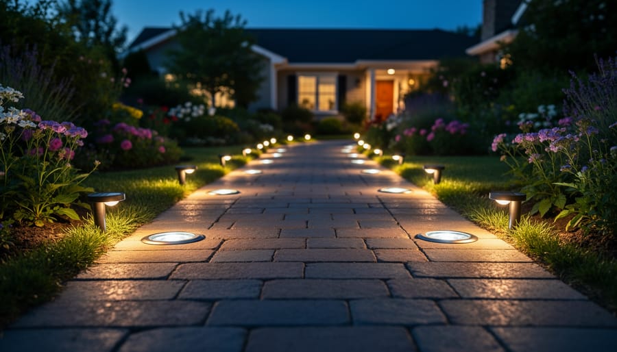 Illuminated solar inground lights along garden pathway at twilight