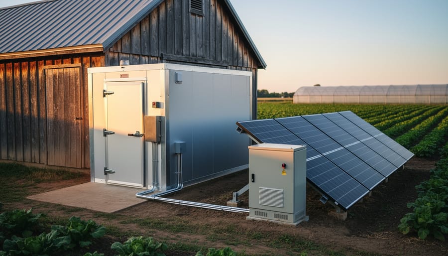 Ground-mounted solar panels and a weatherproof battery cabinet powering a walk-in cooler next to a rustic barn at golden hour, with crop rows and a distant greenhouse softly blurred in the background.
