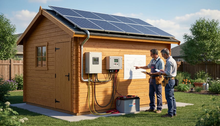 Small solar microgrid installation powering garden shed with rooftop panels