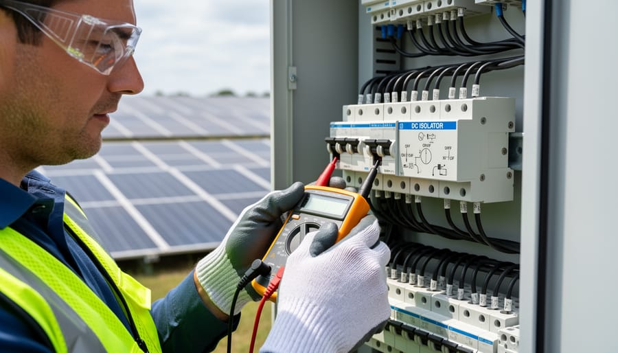 Testing DC isolator switch with digital multimeter during routine maintenance