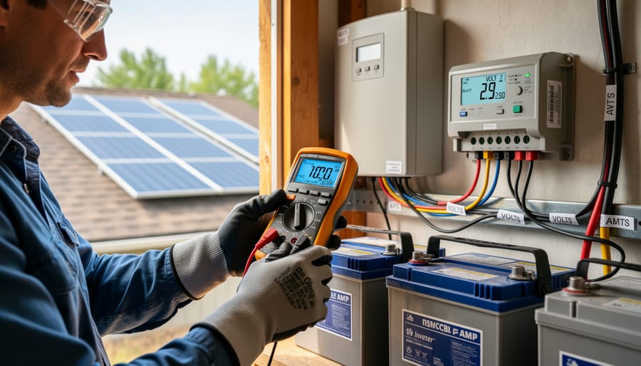 Person using digital multimeter to test voltage on camper van solar battery system