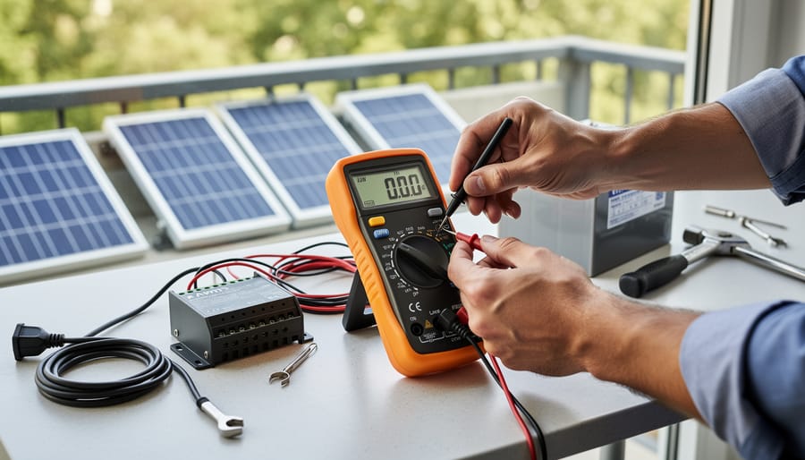 Person testing solar system insulation resistance with digital multimeter
