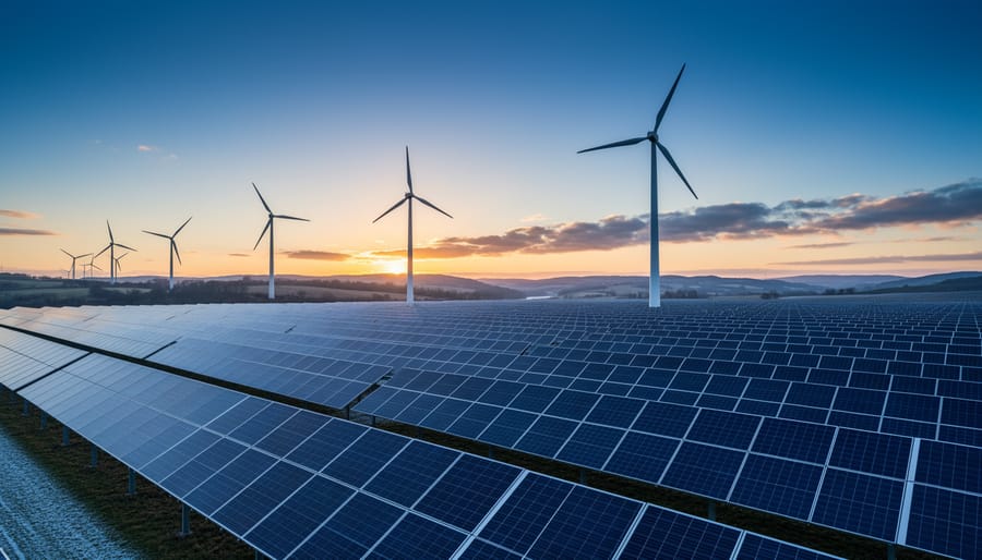 Small wind turbine installed alongside solar panel array on residential property