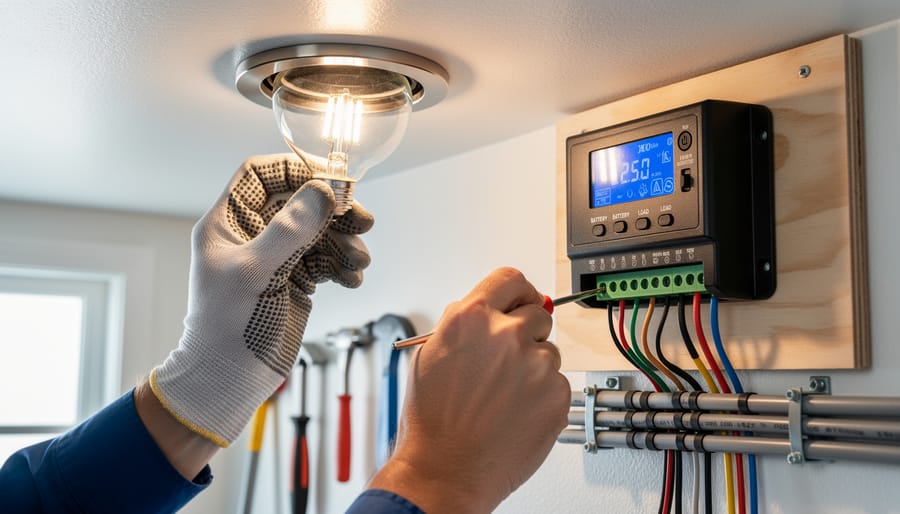 Close-up of hands wiring LED connections during solar chandelier conversion