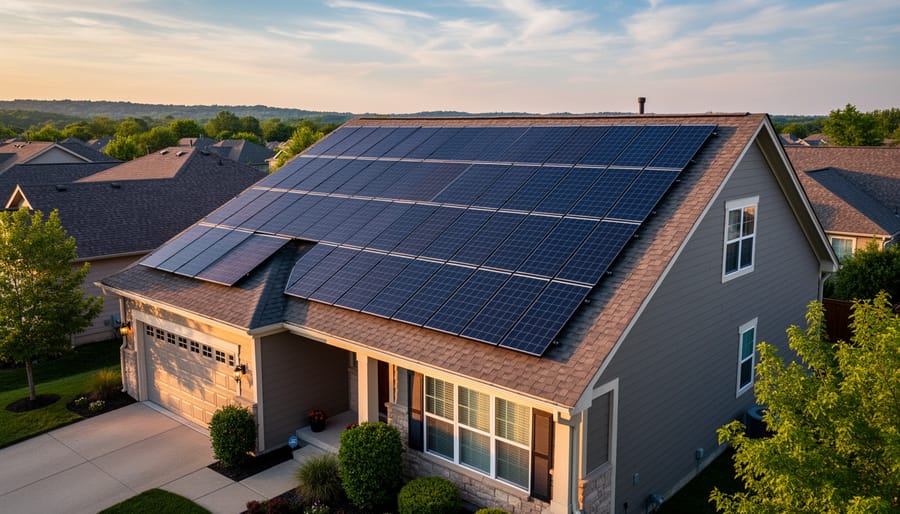 Oblique aerial view of a suburban house with approximately 26 dark-blue monocrystalline solar panels on a pitched, south-facing roof at golden hour; neighboring rooftops, trees, and distant hills softly blurred under a blue sky with thin clouds.