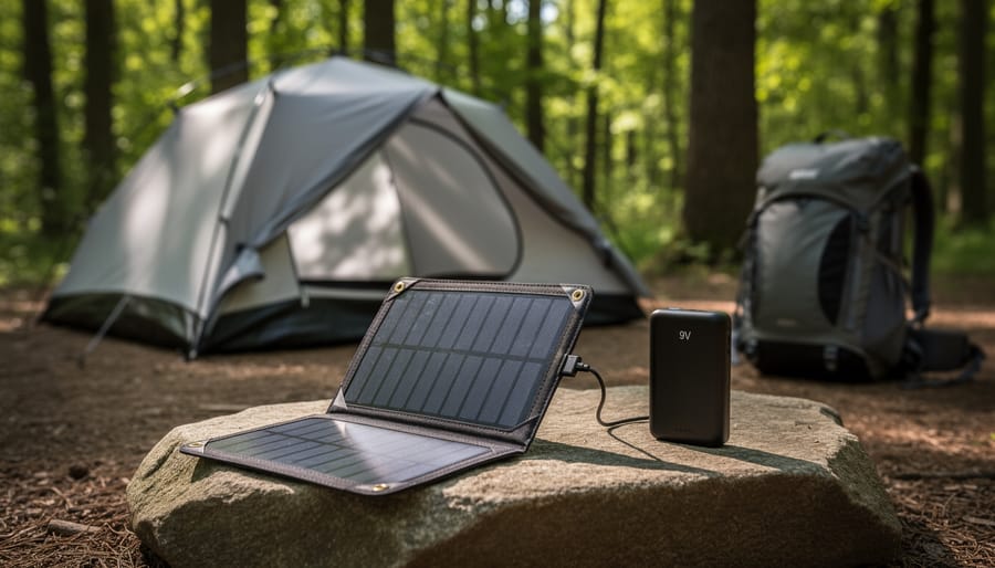 9-volt solar panel with portable battery bank and smartphone on camping table