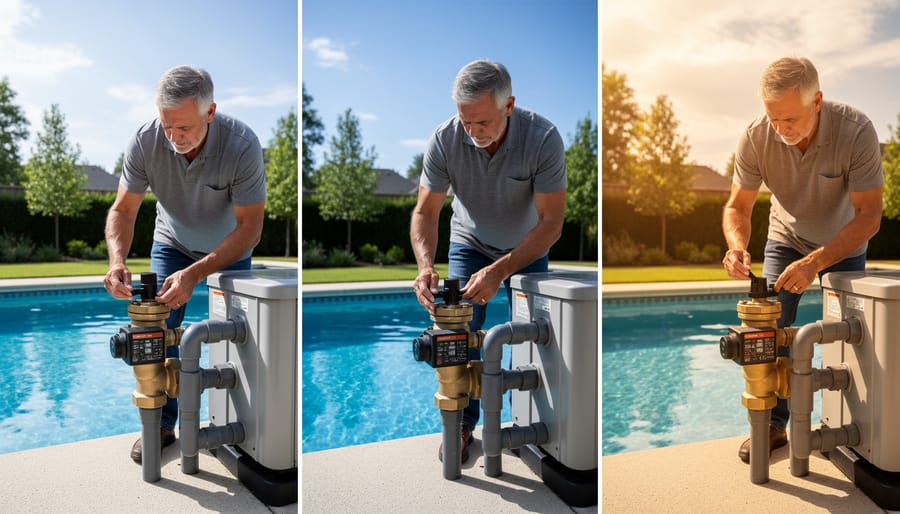 Hand adjusting pool solar heater valve handle on PVC plumbing