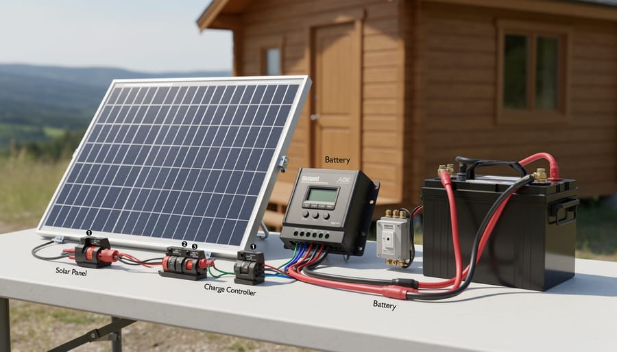 Complete off-grid solar system showing panel, charge controller, and battery with proper wiring