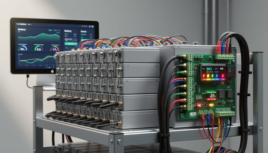 Close-up of Battery Management System circuit board with LED indicators and wire connections