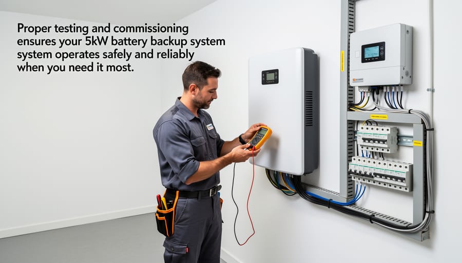 Person using digital multimeter to test battery voltage during system installation