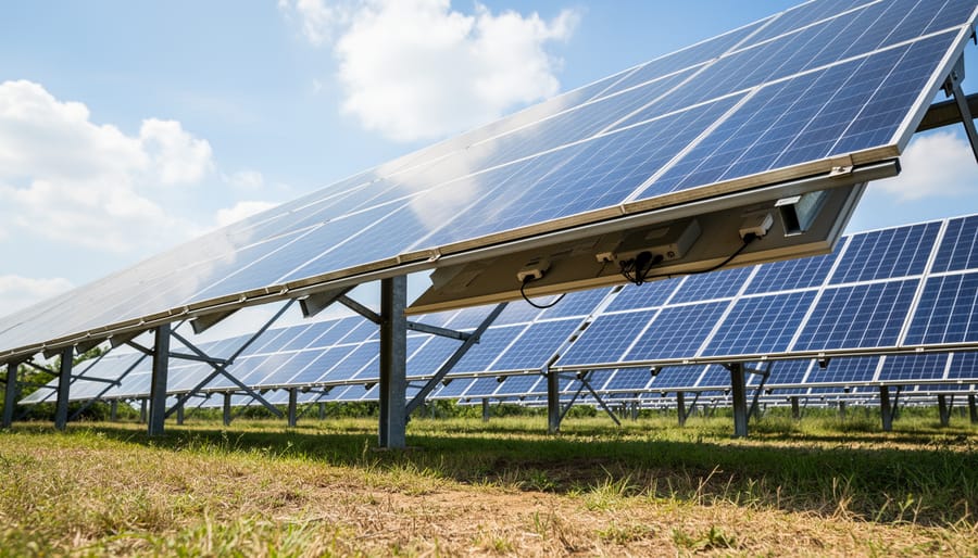 Side view of elevated solar panel array showing mounting height above reflective ground surface