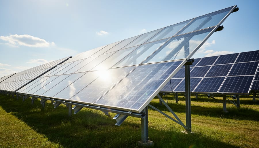 Rear view of bifacial solar panel showing transparent back side with visible solar cells mounted on elevated frame