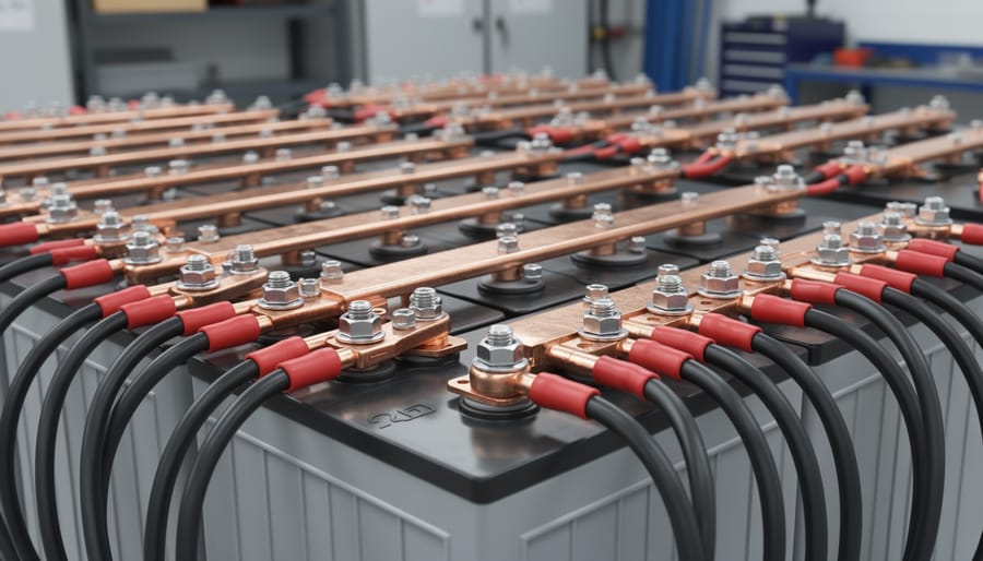Copper bus bar with multiple battery cable terminals at equal spacing