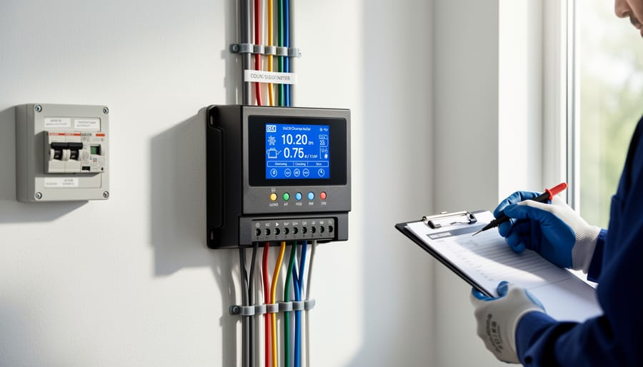 MPPT solar charge controller mounted on wall showing LCD display and wire connections