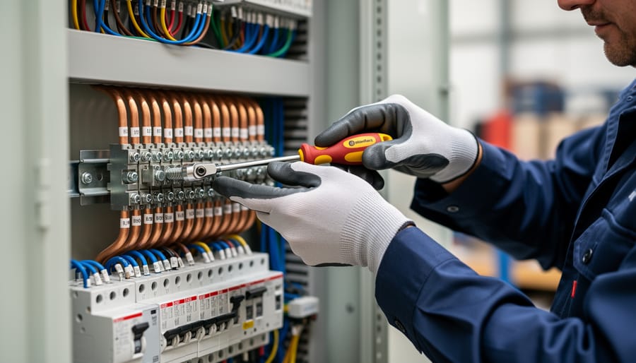 Hands checking electrical wire connections with screwdriver during solar system inspection