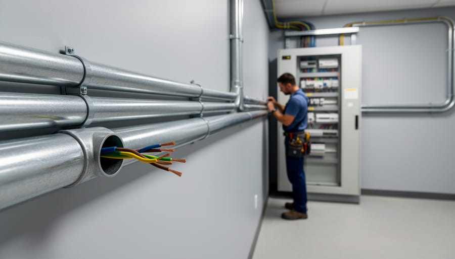 Electrical conduit with multiple wires visible at the opening showing proper wire fill