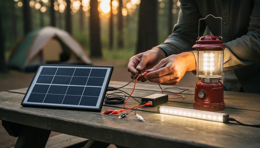 Person wiring 9-volt solar panel to LED camping lantern at campsite