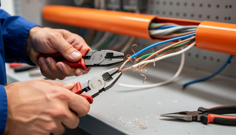Overhead view of hands cutting PVC conduit with hacksaw on workbench