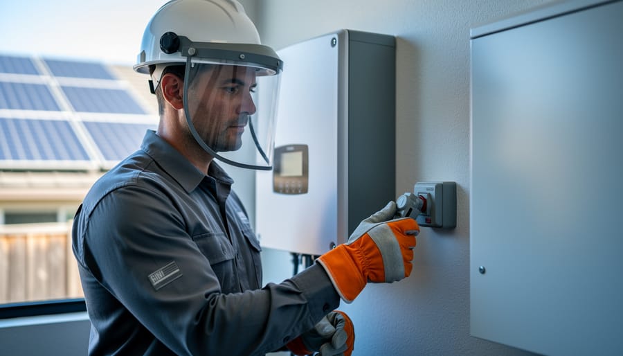 DIY solar installer in arc-rated face shield, helmet, and gloves operating a DC disconnect next to a residential battery cabinet and inverter, with rooftop solar panels blurred in the background under soft daylight.