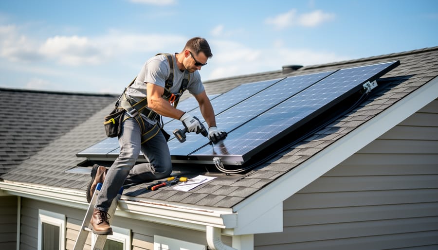 Homeowner installing solar ventilation system with power drill on roof