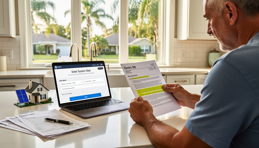 Electric utility bill with calculator on desk for solar system planning