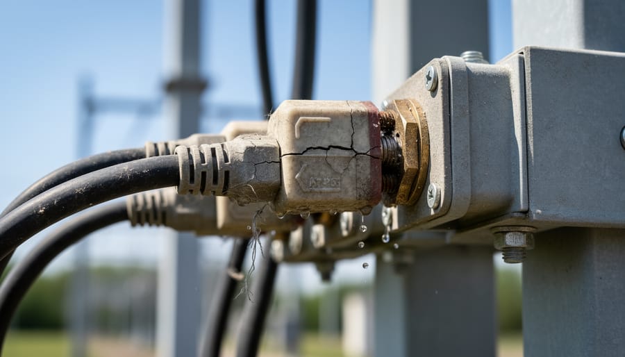 Comparison of corroded damaged solar connector next to new connector showing effects of poor quality materials