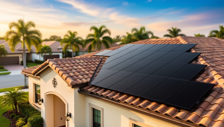 Solar panels installed on a Florida stucco home with a terracotta Spanish-tile roof, lit by golden hour sun, with palm trees and neighboring houses softly blurred in the background.