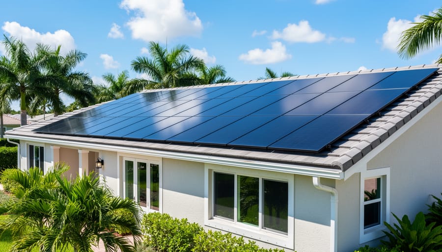 Solar panels mounted on residential Spanish-tile roof in Florida