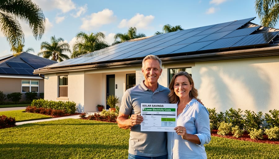 Florida homeowners standing proudly in front of their solar-powered home