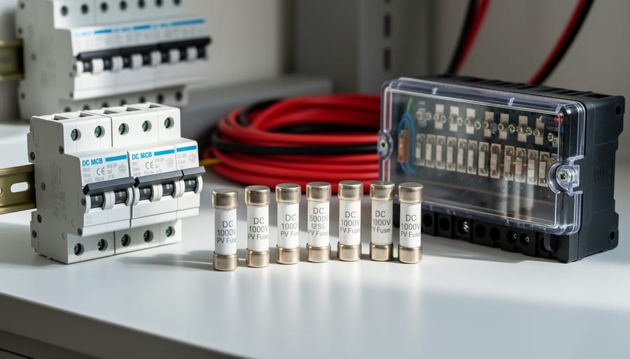 Various solar system fuses and circuit breakers displayed on workbench