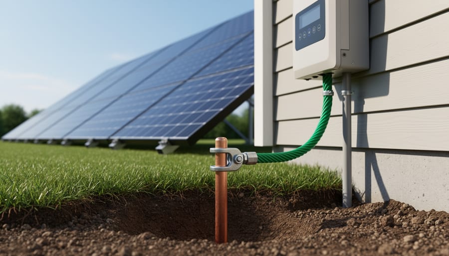 Copper ground rod being installed into soil for solar panel grounding system