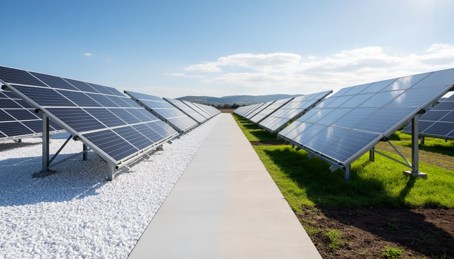 Solar panel array showing contrast between reflective white gravel ground surface and darker grass areas